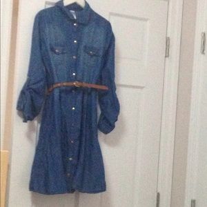 Denim dress with gold accents